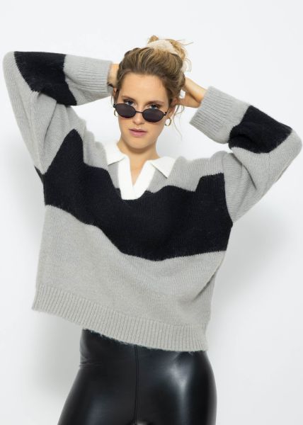 Oversize Pullover mit Kragen - grau-schwarz