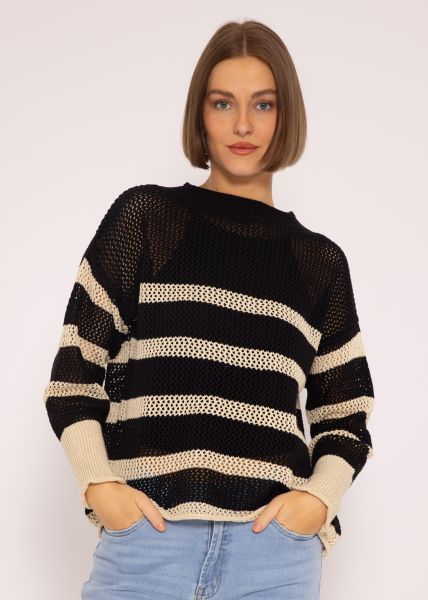 Gestreifter Netz-Pullover, schwarz/beige
