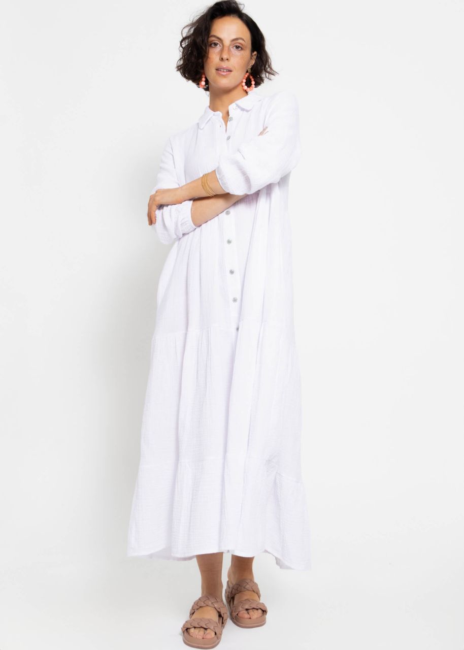 Musselin Maxi Kleid mit Volants - weiß