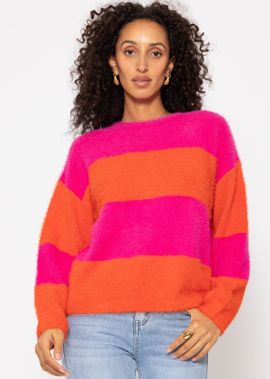 Flauschiger Pullover mit Blockstreifen - pink-orange