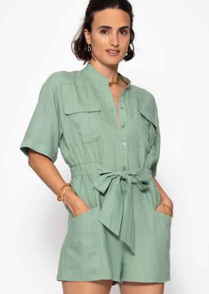 Leinenjumpsuit mit Bindegürtel - salbeigrün
