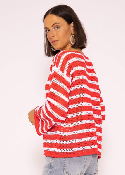 Streifen Crochet Pullover, rot-weiß