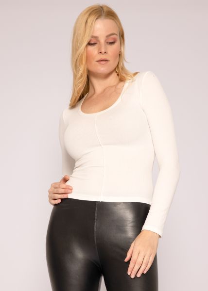 Enganliegendes Langarmshirt mit Biese, offwhite