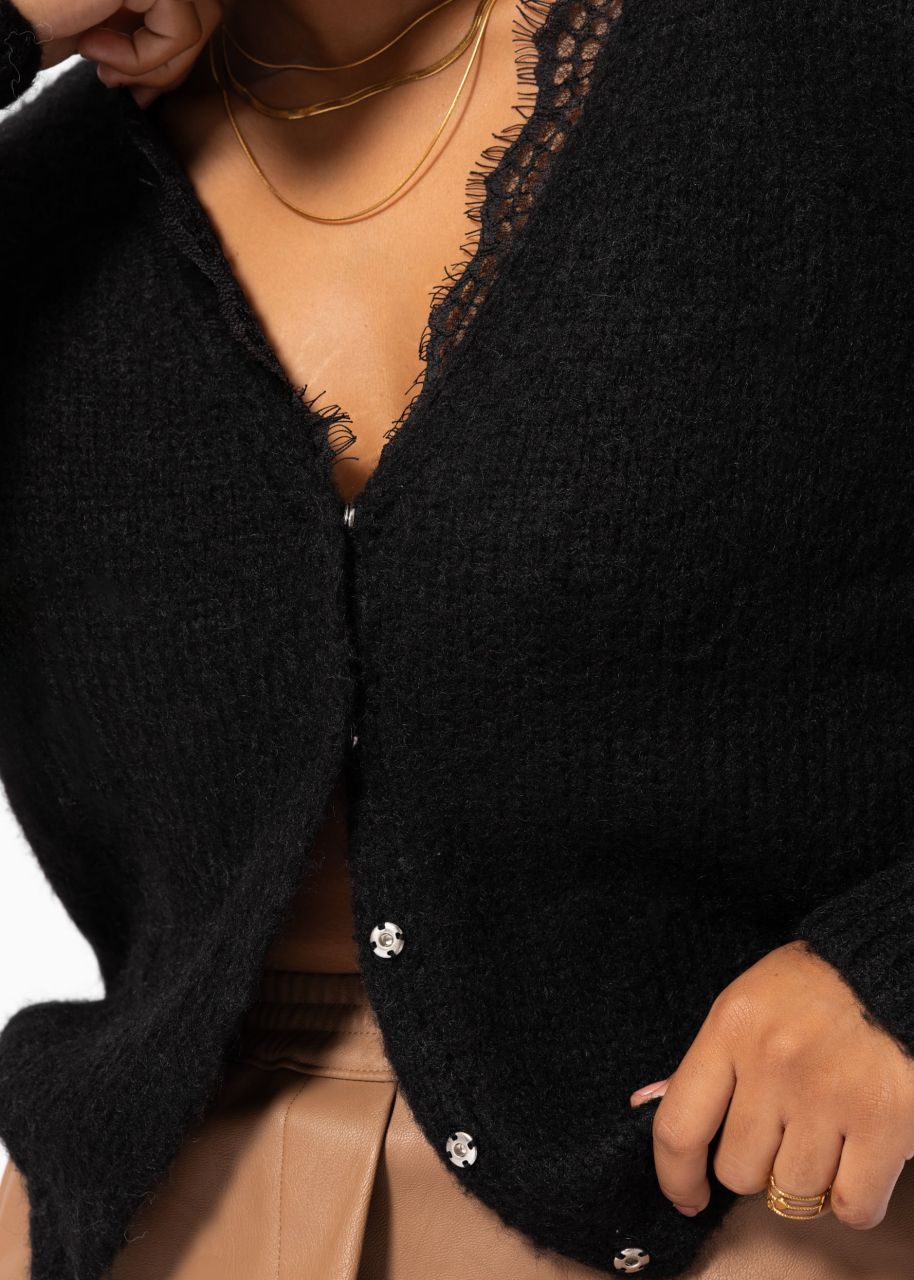 Cardigan mit Spitzen-Ausschnitt - schwarz