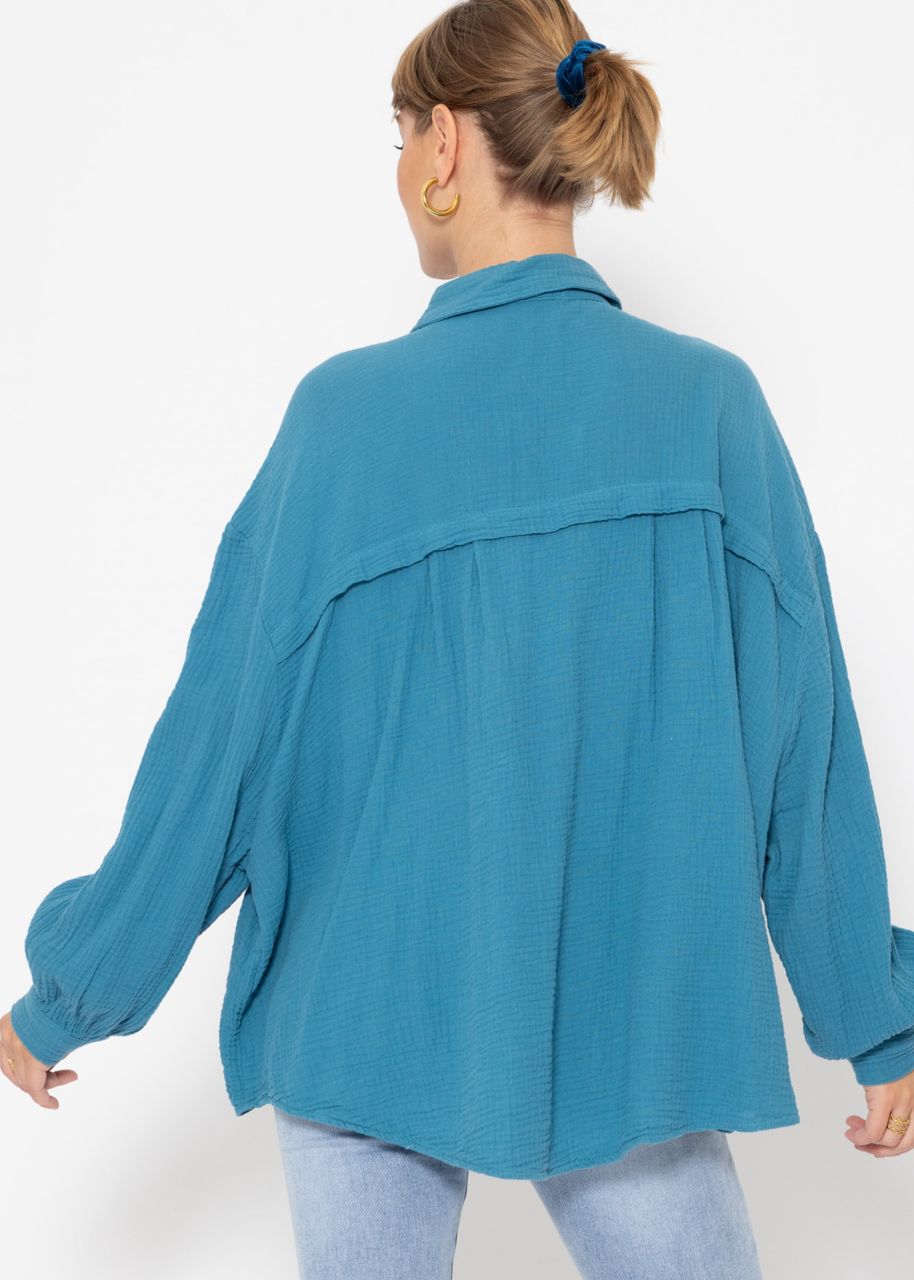 Musselin Bluse oversize, kurz, petrolblau