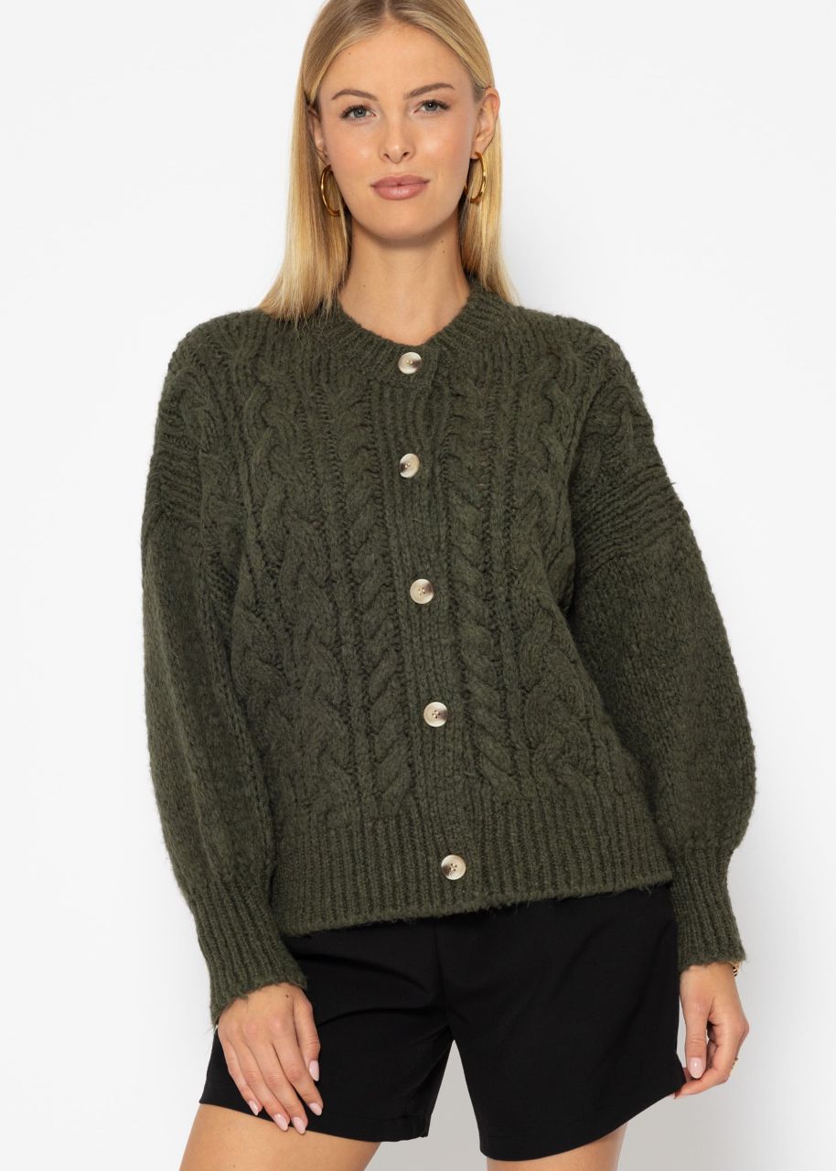 Super flauschige Strickjacke mit Zopfmuster - khaki