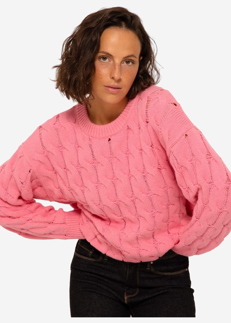 Strickpullover mit Zopfmuster - rosa