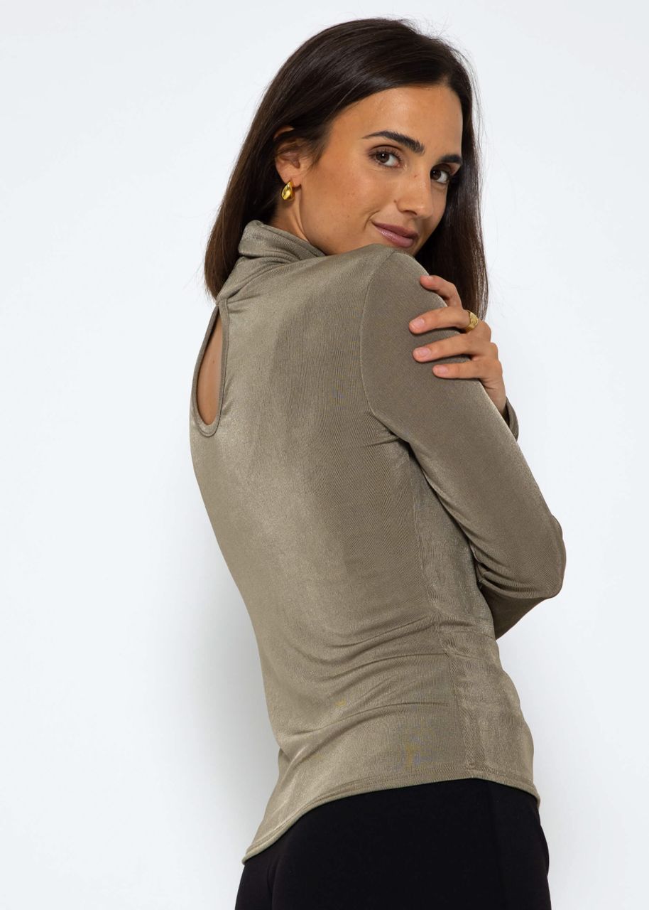 Fließendes Langarmshirt mit Rollkragen und Rückenausschnitt - khaki