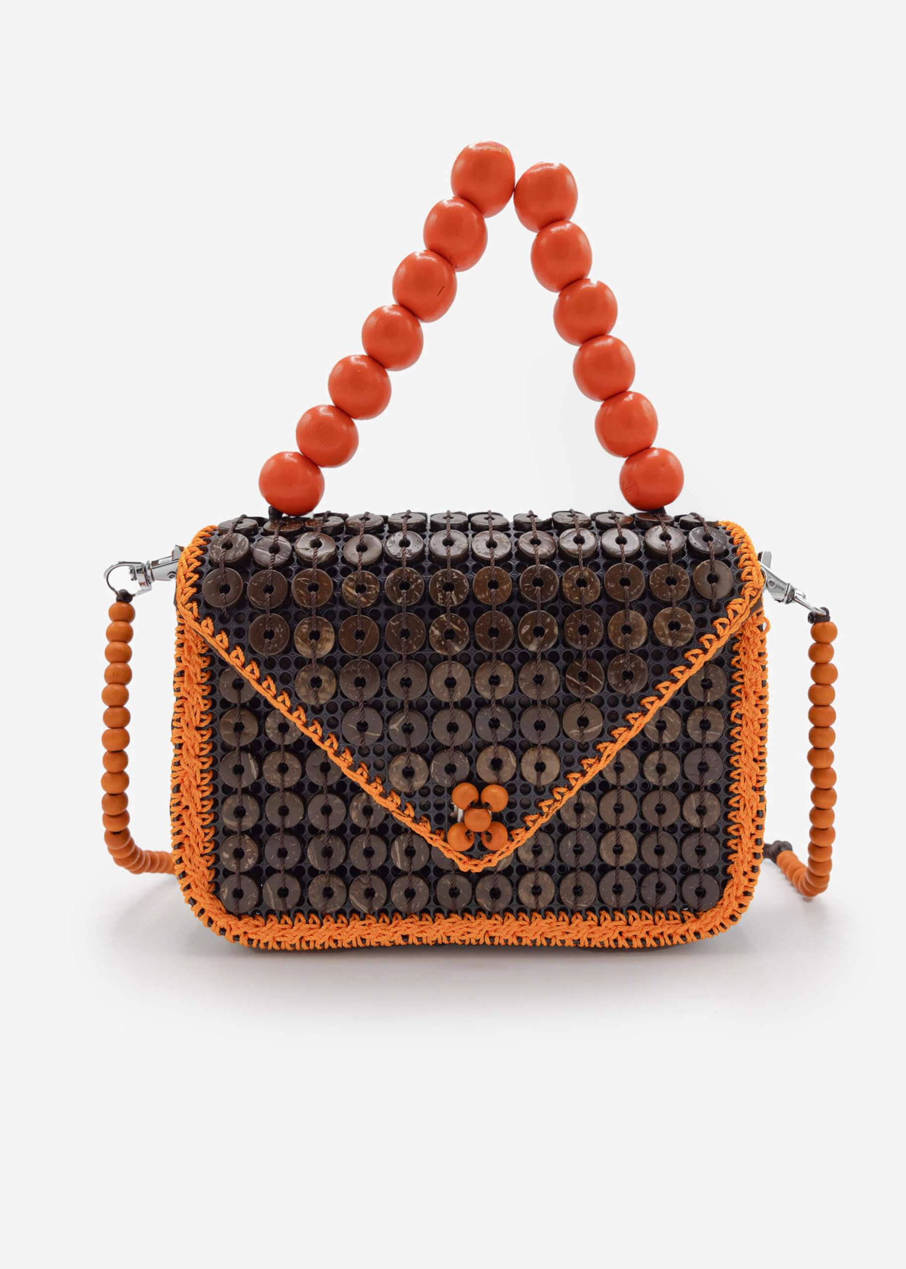 Kleine Tasche mit orangefarbenem Perlen-Henkel - dunkelbraun