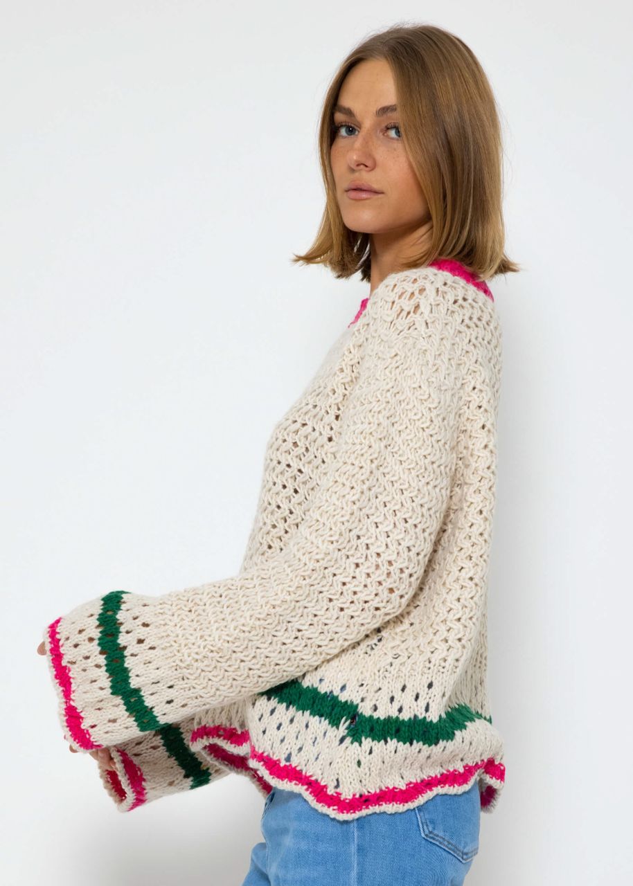 Grobgestrickter Pullover mit farbigen Details - offwhite