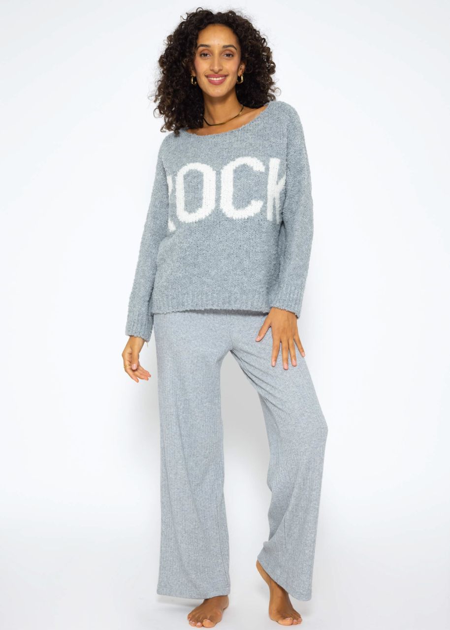 Oversize Pullover mit "Rock"-Schriftzug - grau-weiß