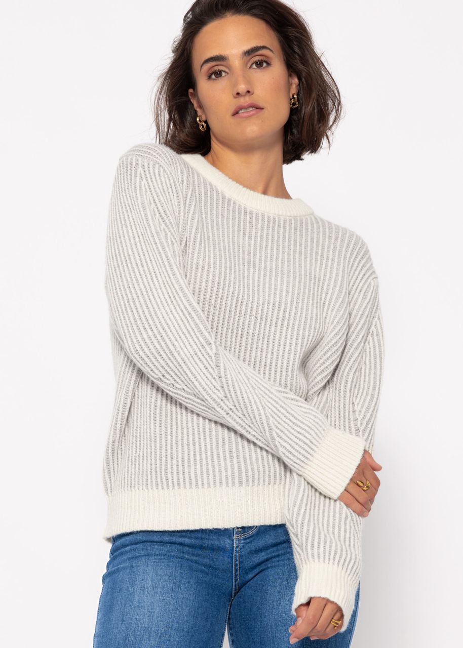 2-farbig gerippter Pullover - grau-offwhite