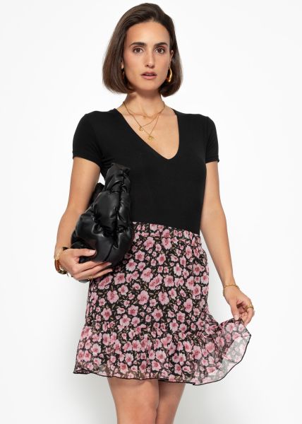 Rüschen Rock mit Blumen-Print - schwarz