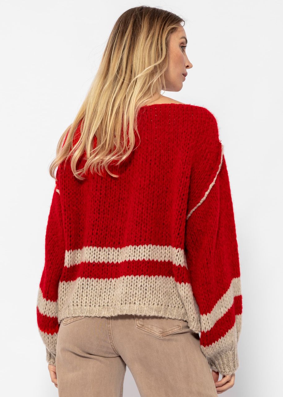 Pullover mit gestreiftem Saumende - rot-beige