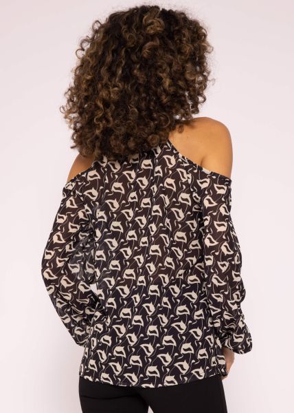 Schulterfreie Chiffonbluse mit Print, schwarz