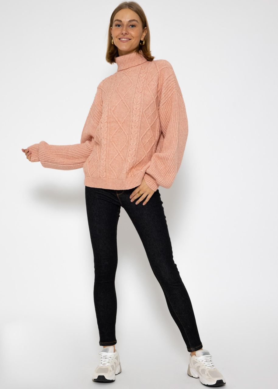 Rollkragenpullover mit Zopfmuster - rosa