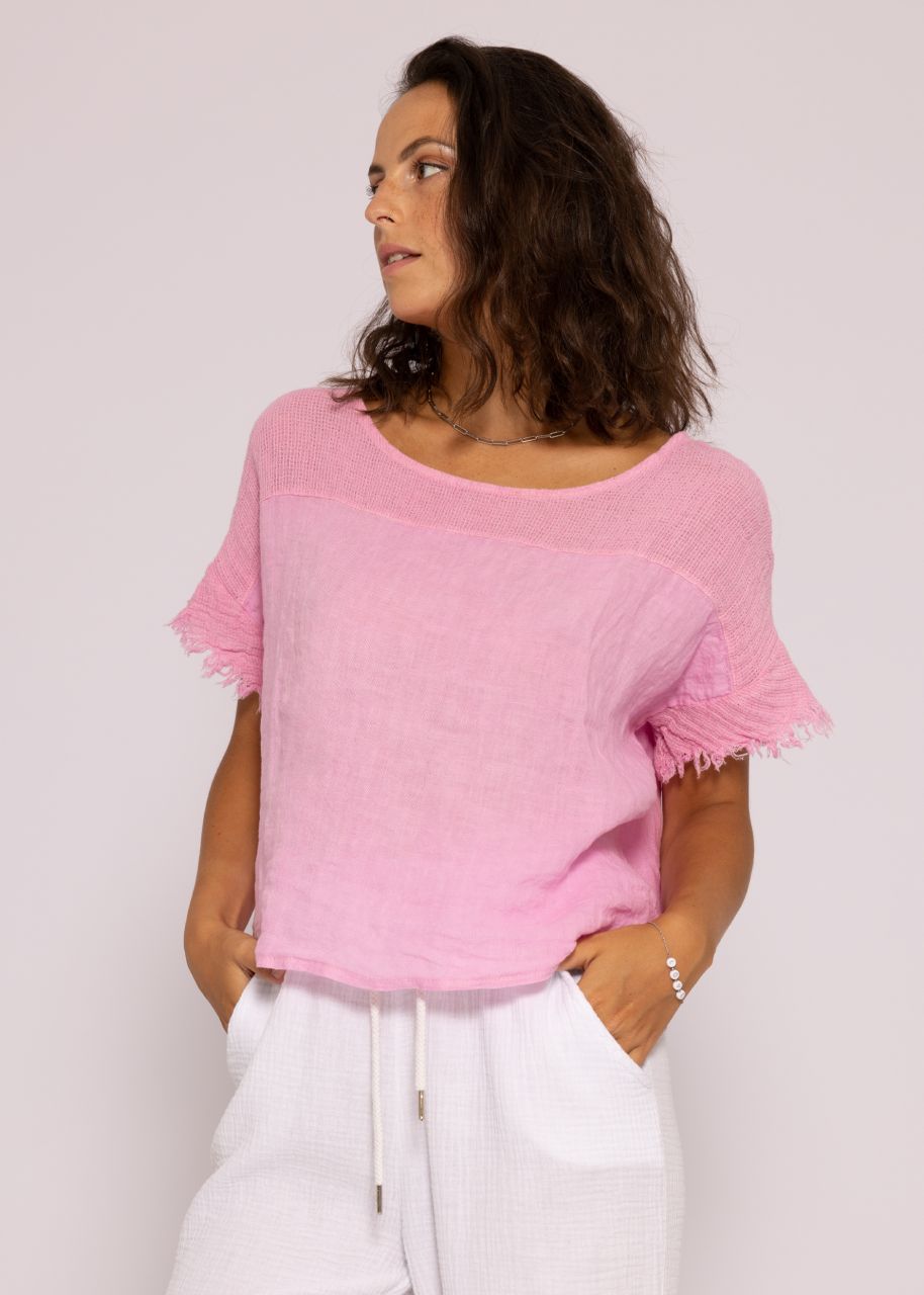 Leinen-Shirt mit Fransen, rosa