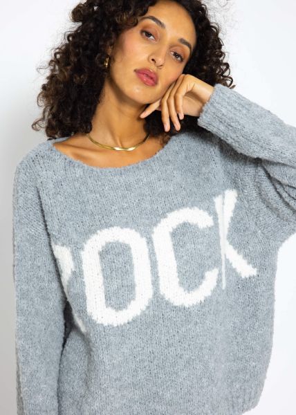 Oversize Pullover mit "Rock"-Schriftzug - grau-weiß
