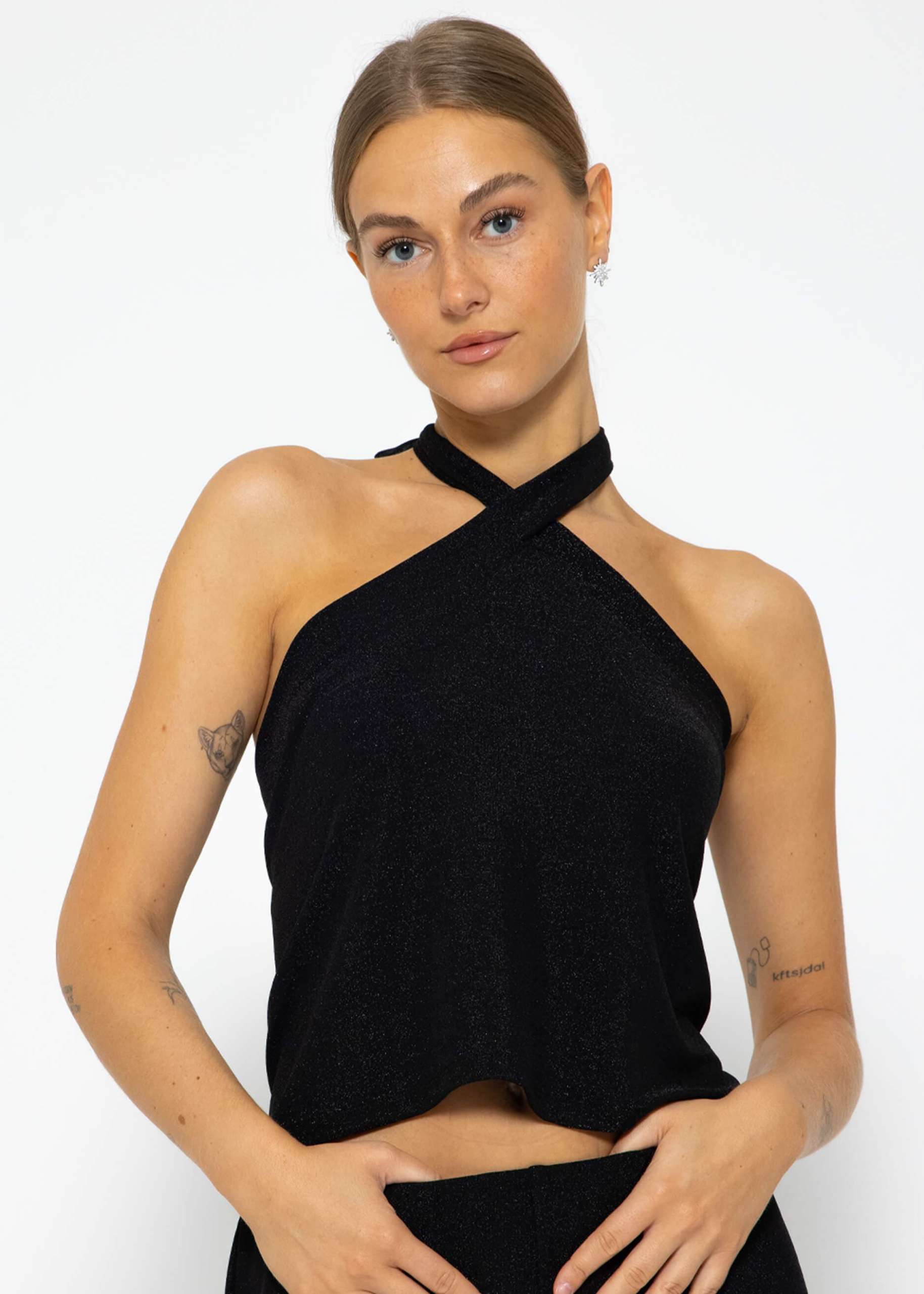 Schulterfreies Lurex Top - schwarz