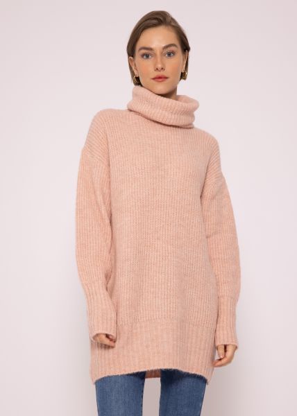 Oversize, langer Pullover mit Rollkragen, rosa