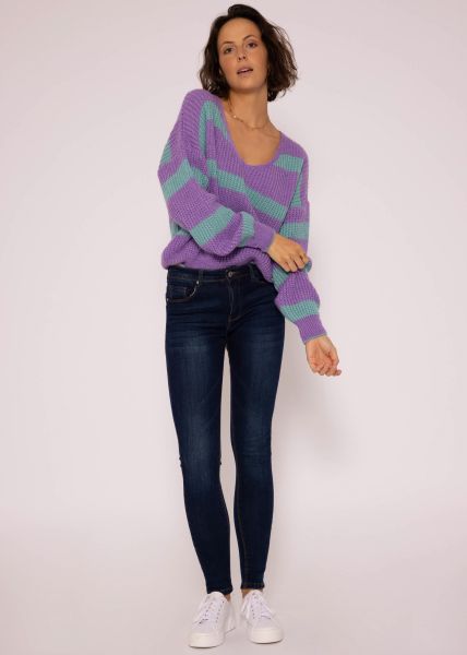 Pullover mit Streifen und V-Ausschnitt, lila-türkis