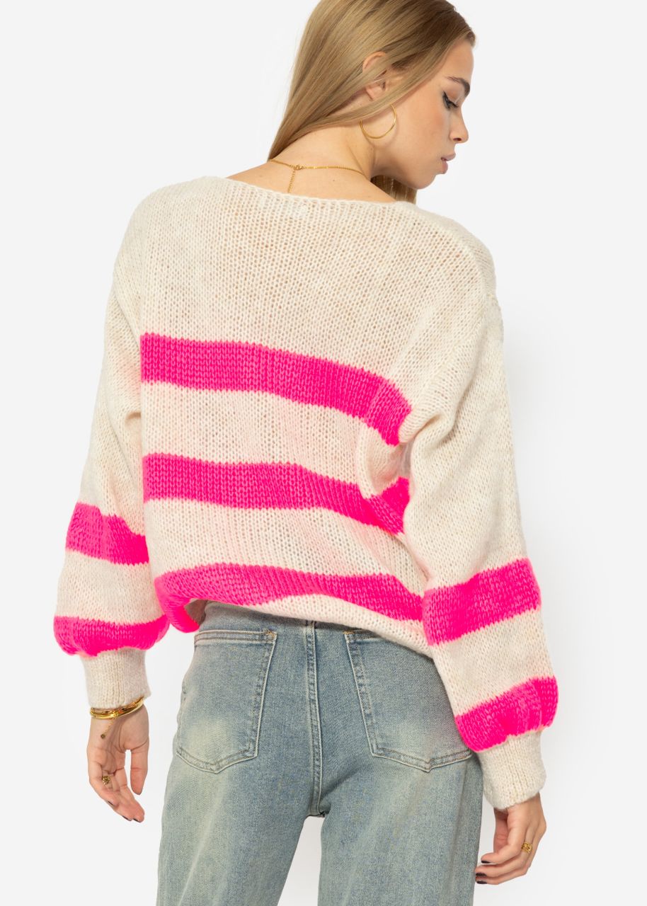 Pullover mit pink Streifen - hellbeige