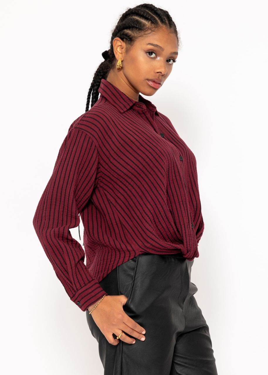 Gestreifte Musselin Bluse mit Knoten - burgundy-schwarz