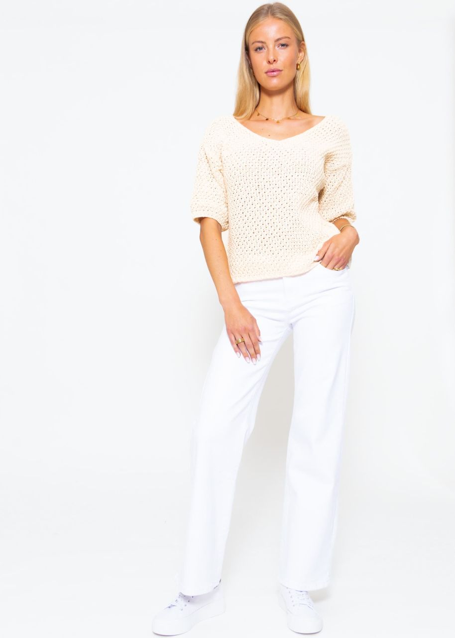 Baumwoll-Pullover mit V-Ausschnitt - beige