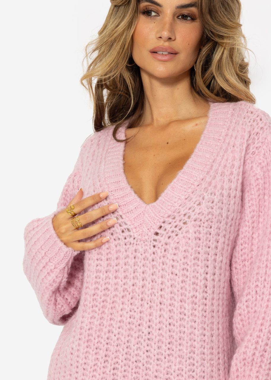 Oversize Grobstrick Pullover mit V-Ausschnitt - rosa