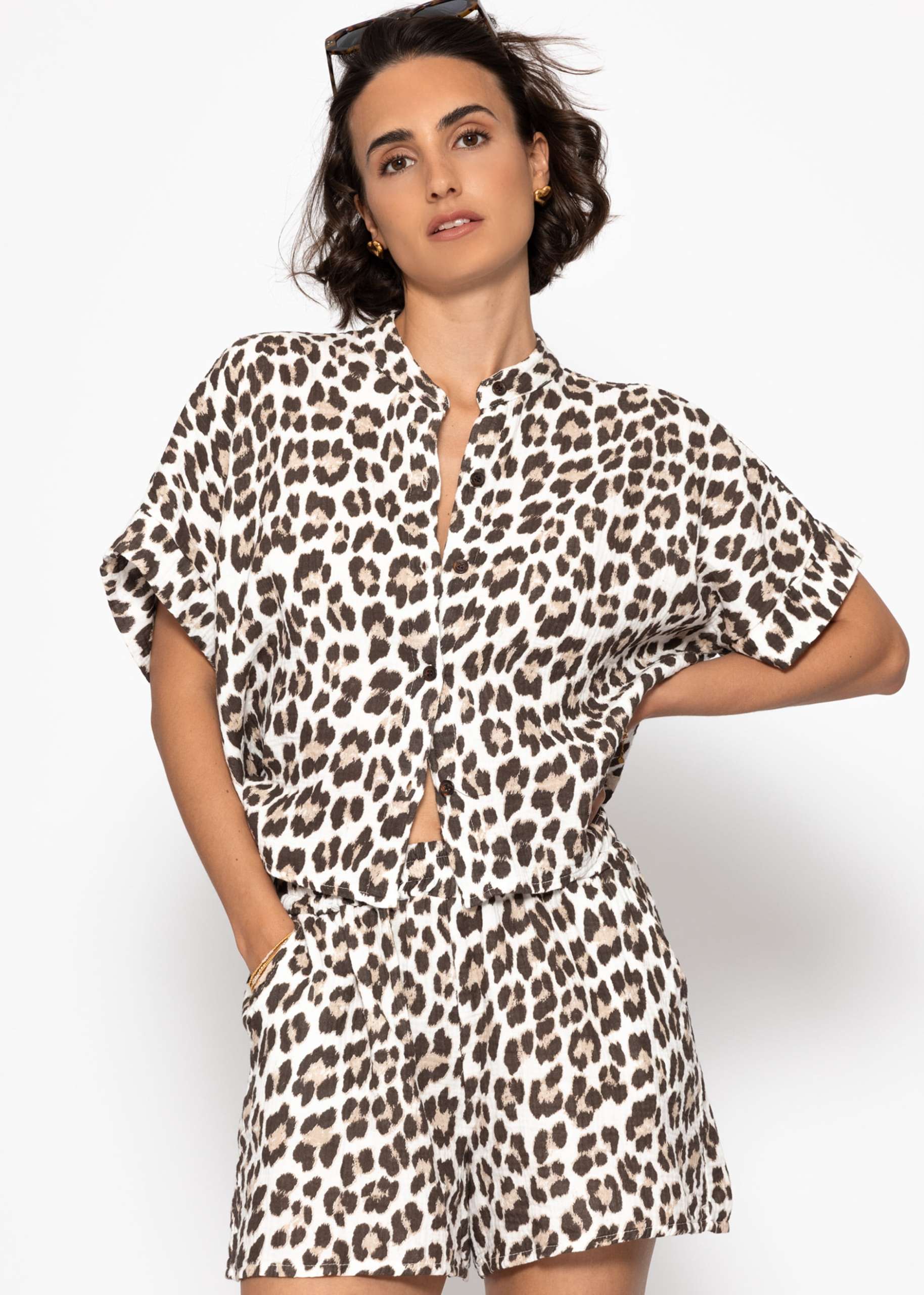 Musselin Bluse mit Leo-Print - offwhite-braun