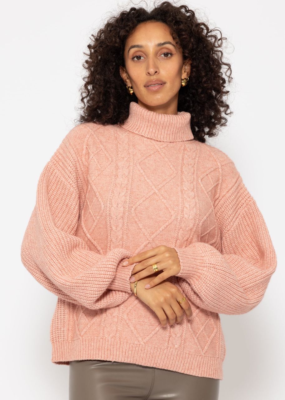 Rollkragenpullover mit Zopfmuster - rosa