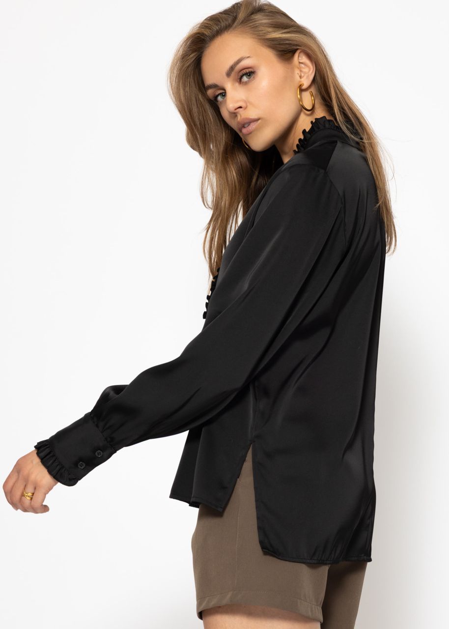 Satinbluse mit Rüschen - schwarz