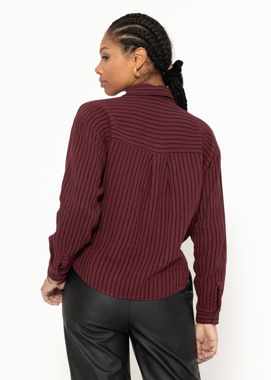 Gestreifte Musselin Bluse mit Knoten - burgundy-schwarz