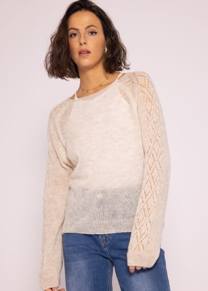 Lockerer Pullover mit Ajour-Muster, beige