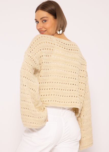 Oversized Pullover in Ajourstrick, beige