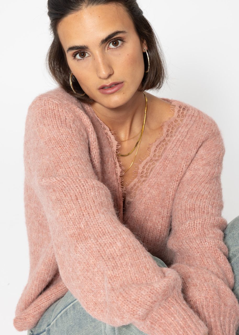 Cardigan mit Spitzen-Ausschnitt - altrosa