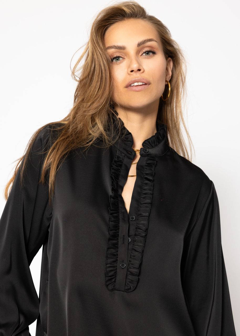 Satinbluse mit Rüschen - schwarz
