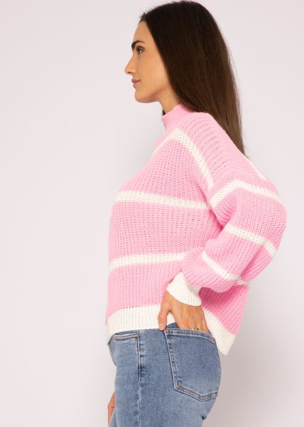 Gestreifter Turtleneck-Pullover, rosa/offwhite