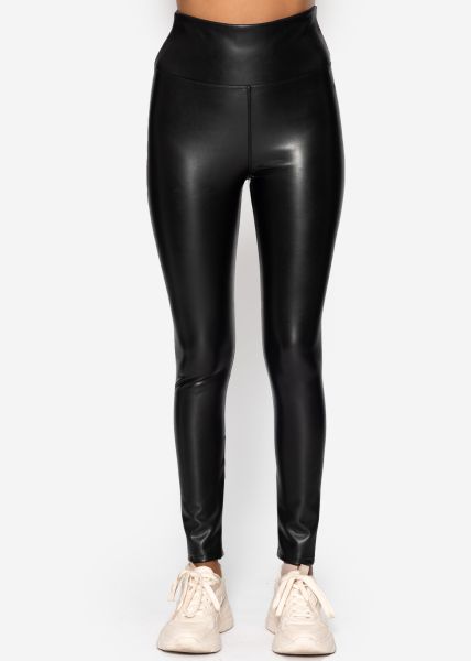 High-Rise Lederleggings mit breitem Bund - schwarz