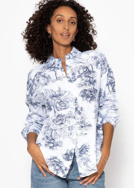 Oversize Musselin Bluse mit Print - dunkelblau