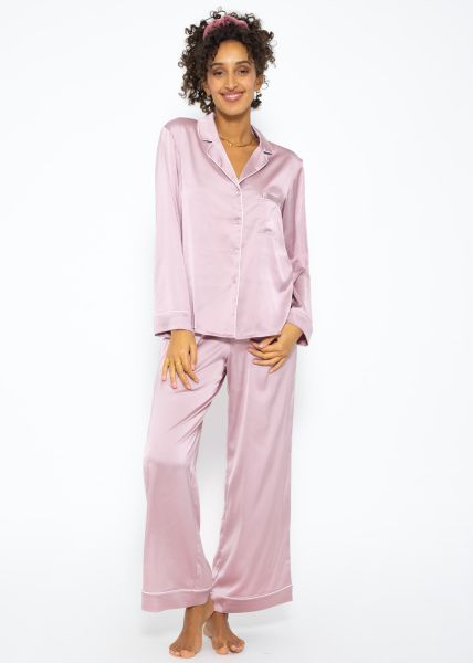 Satin Pyjama Bluse mit Paspel - rosa