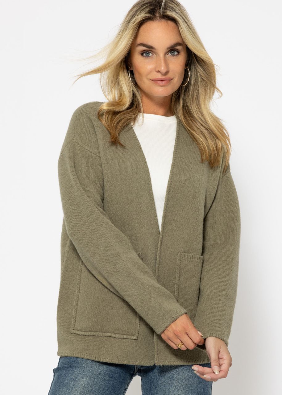 Offener Cardigan mit aufgesetzten Taschen - khaki