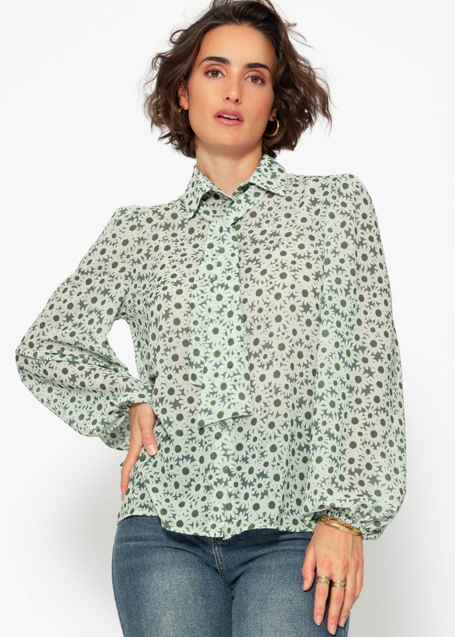 Elegante Schluppenbluse mit Ballonärmeln und floralem Print - grün