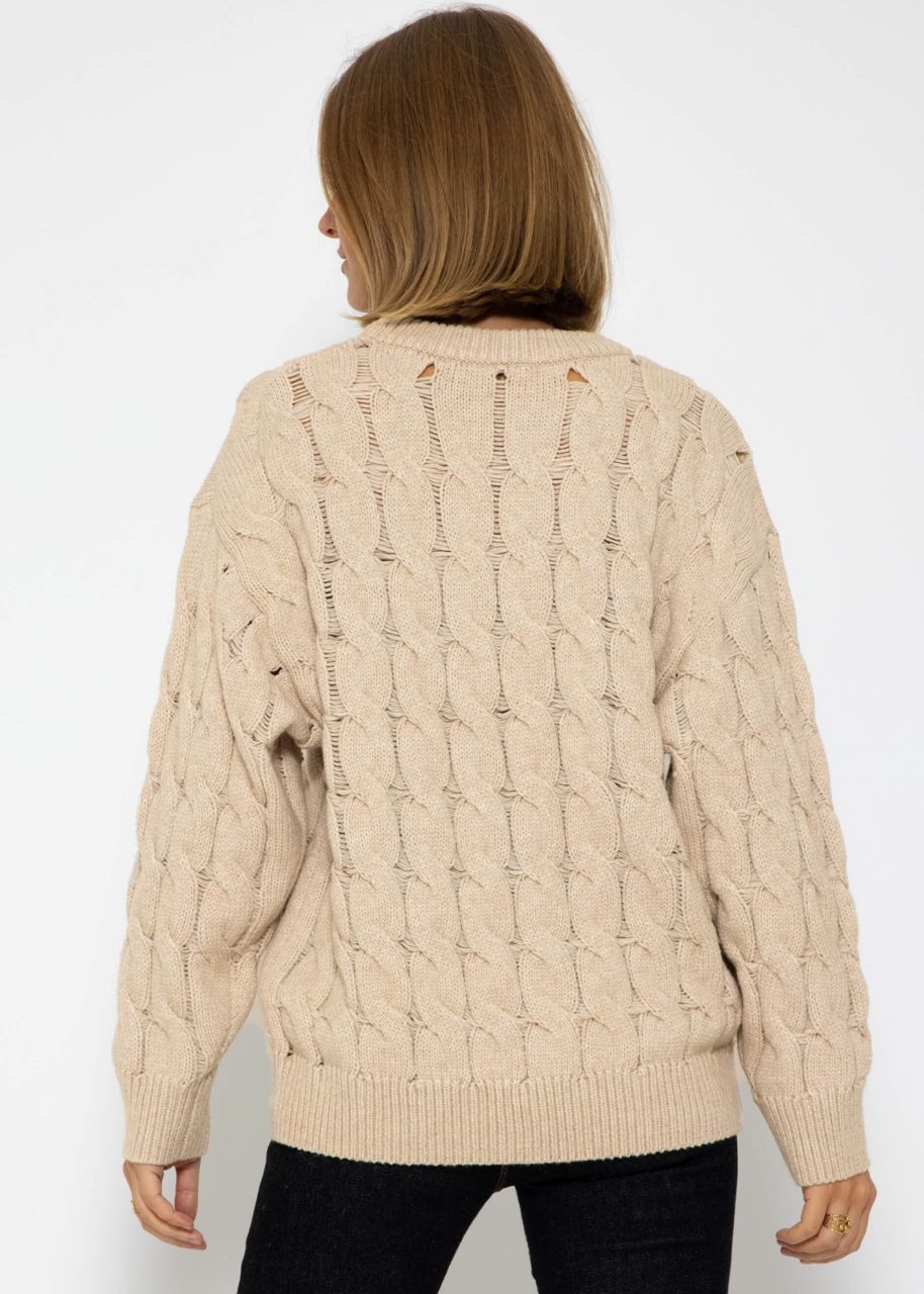 Strickpullover mit Zopfmuster - beige