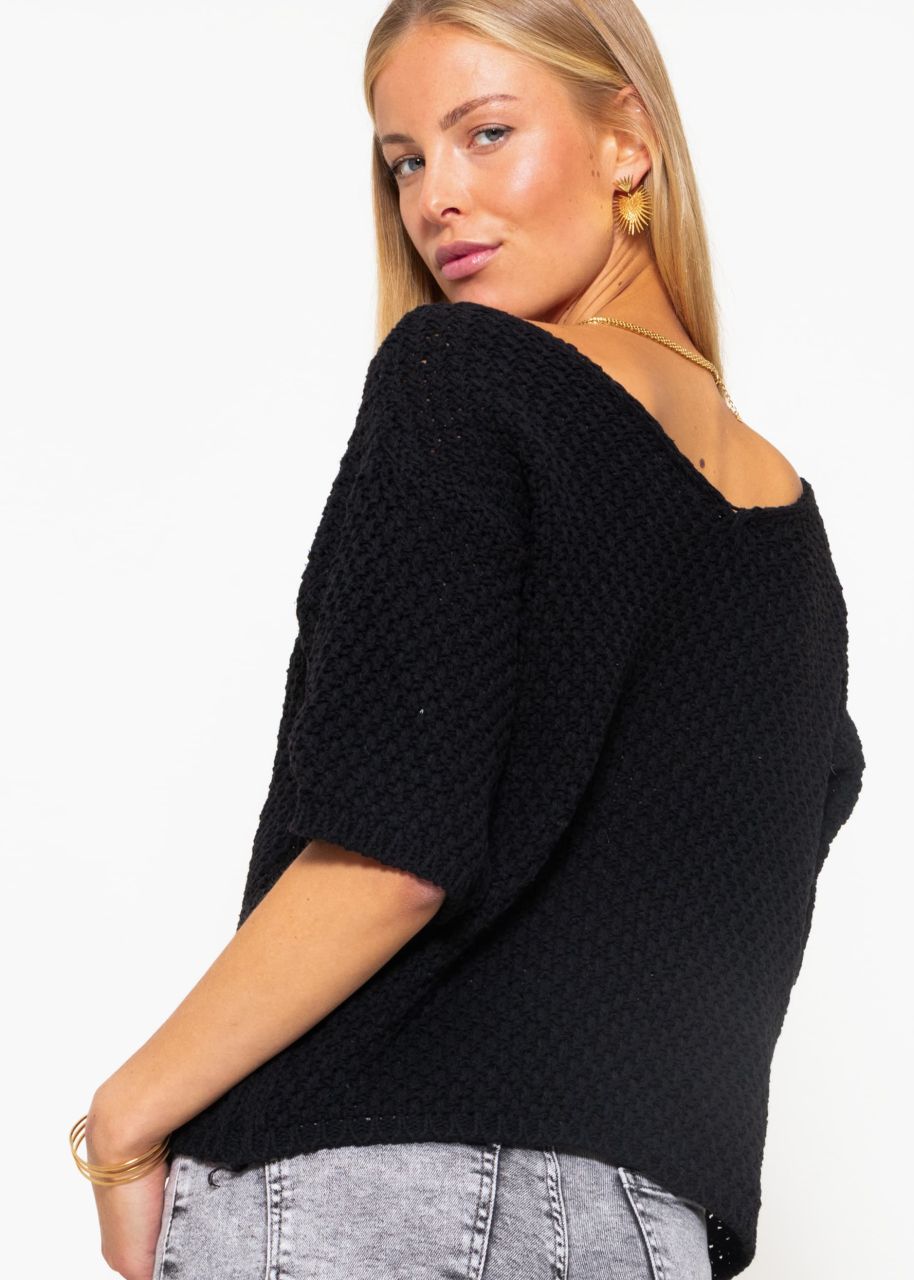 Baumwoll-Pullover mit V-Ausschnitt - schwarz