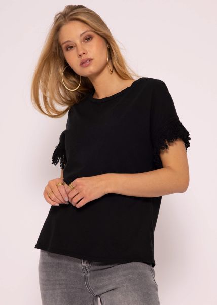 T-Shirt mit Fransenborte, schwarz
