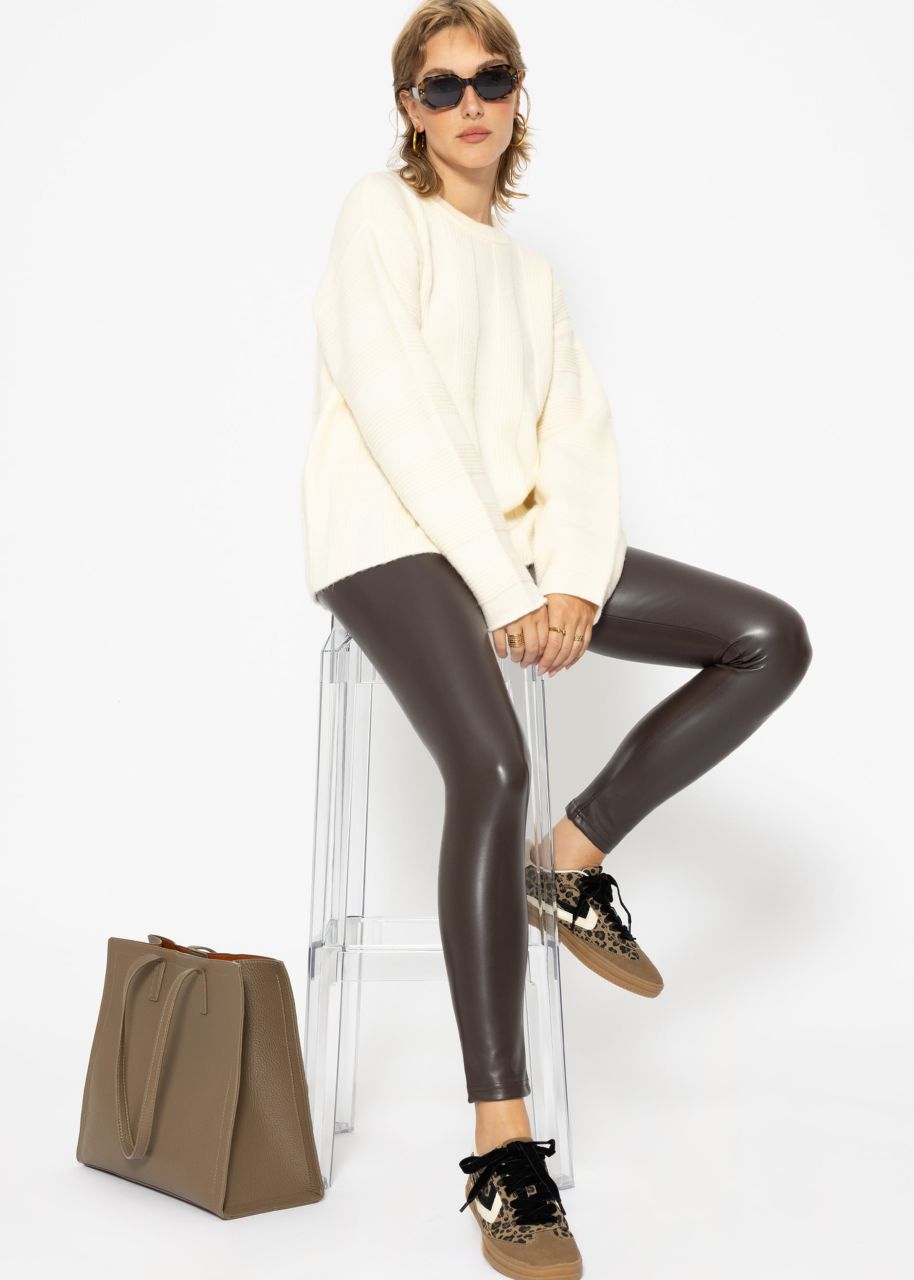 High-Rise Thermo Lederleggings mit breitem Bund - dunkelbraun