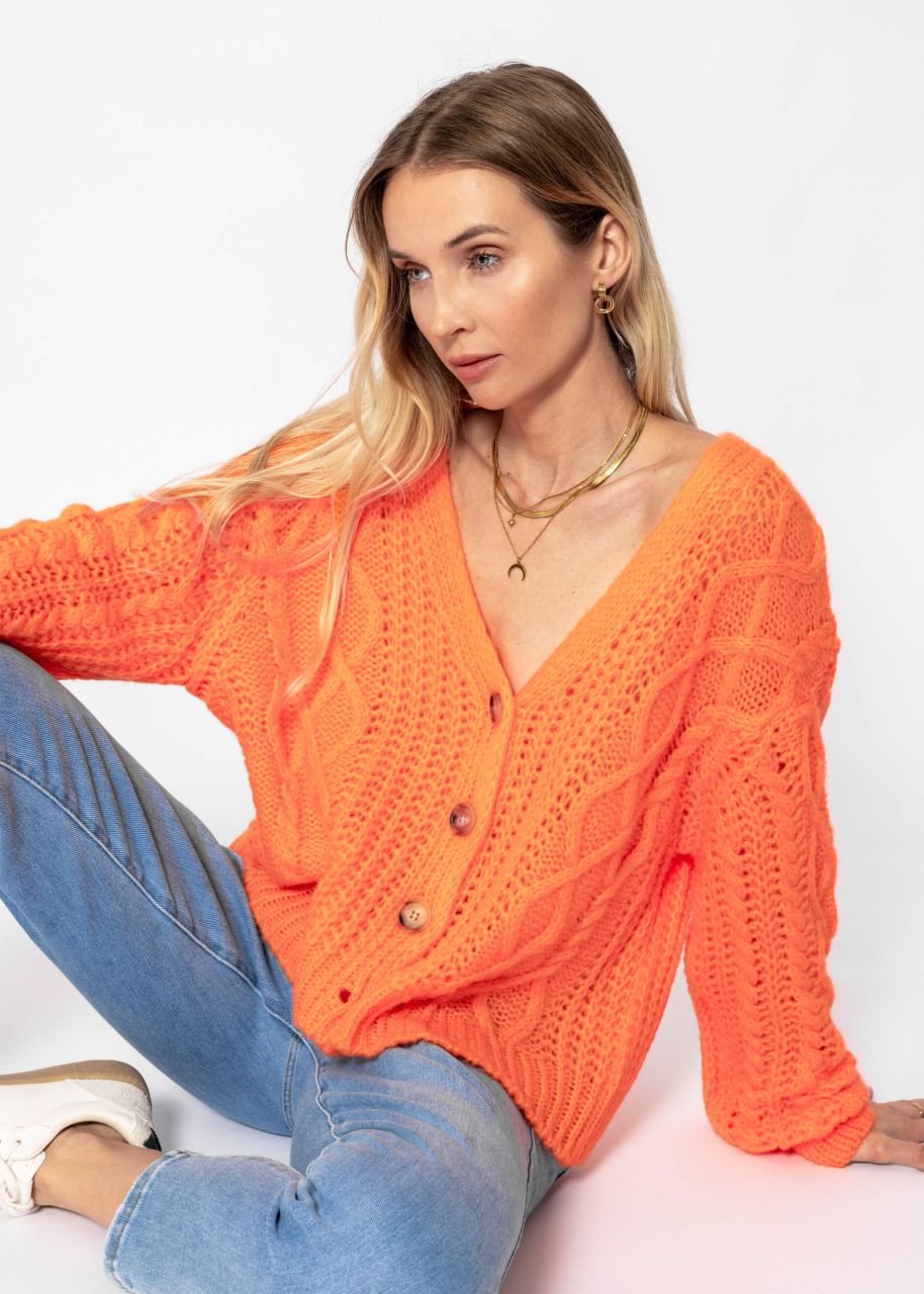 Oversize Strickjacke mit Zopfmuster - mandarine