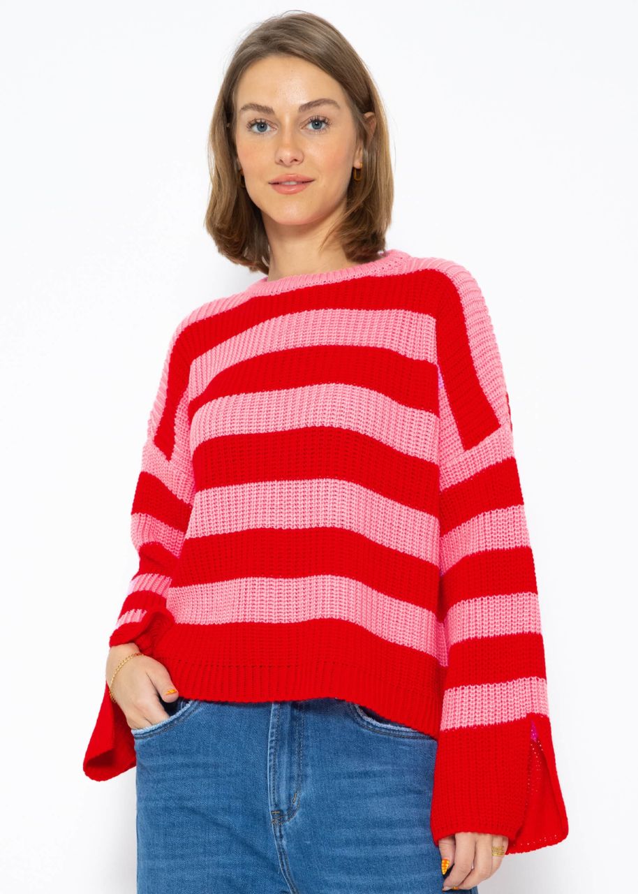 Gestreifter Pullover mit weiten Ärmel - rosa-rot