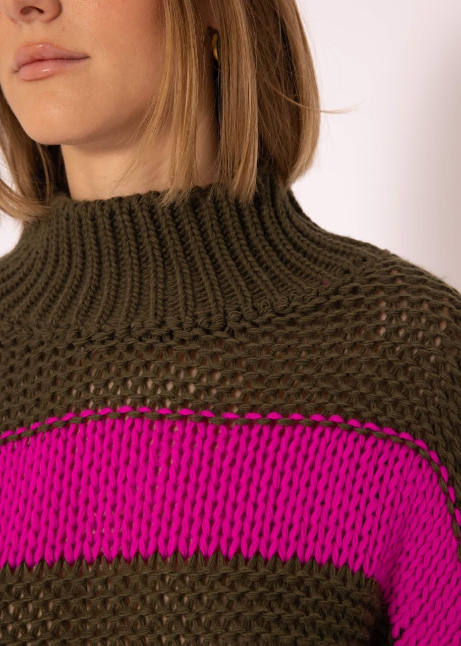 Rollkragenpullover mit Streifen, khaki-pink